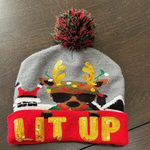 Gray and Red Beanie with Reindeer Design